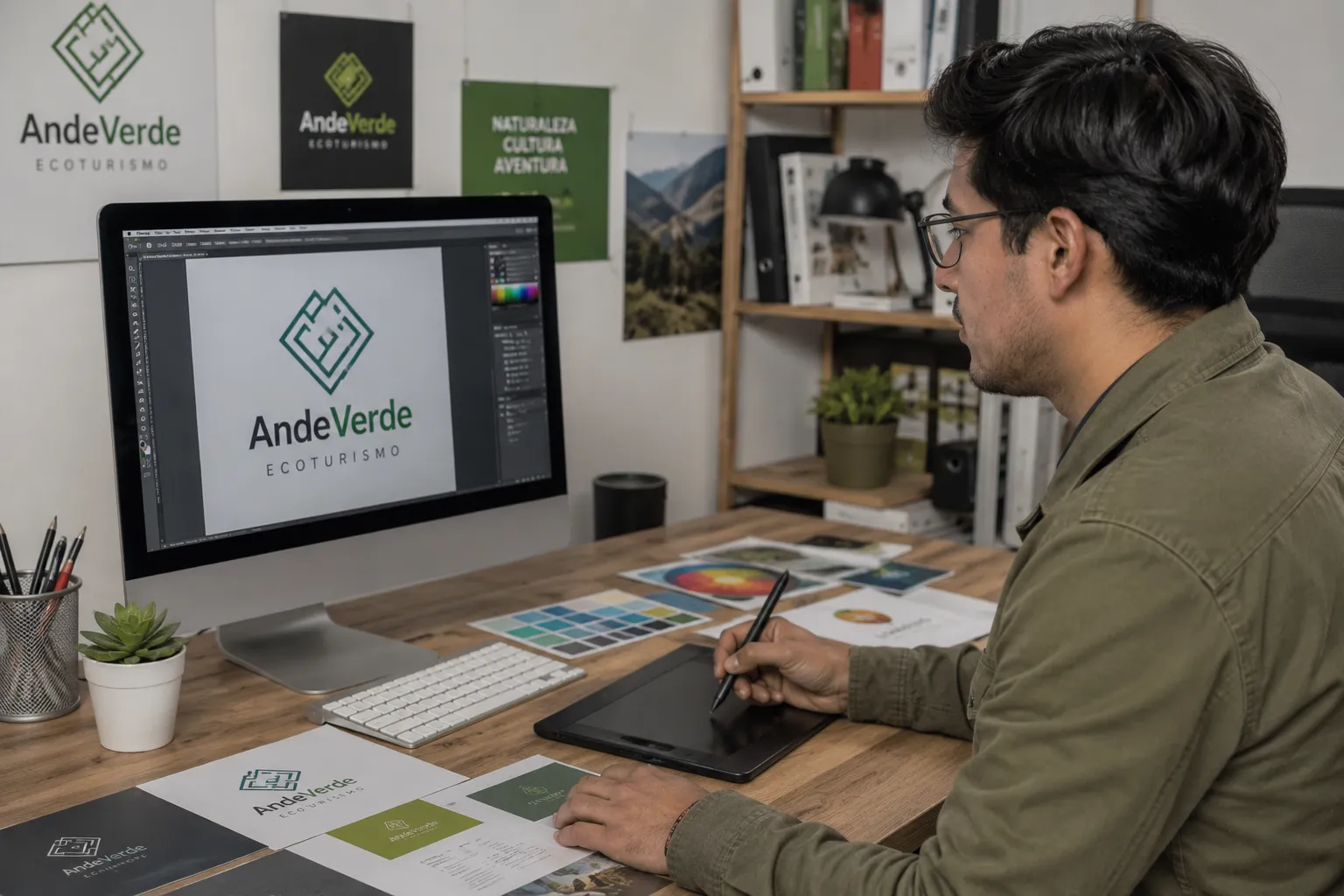 Diseñadora trabajando en tablet gráfica con colores