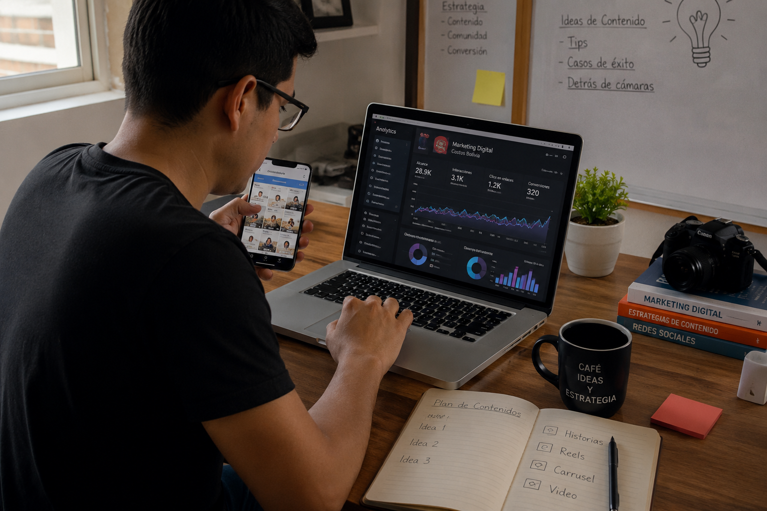 Estrategia de marketing digital con gráficas en pantalla